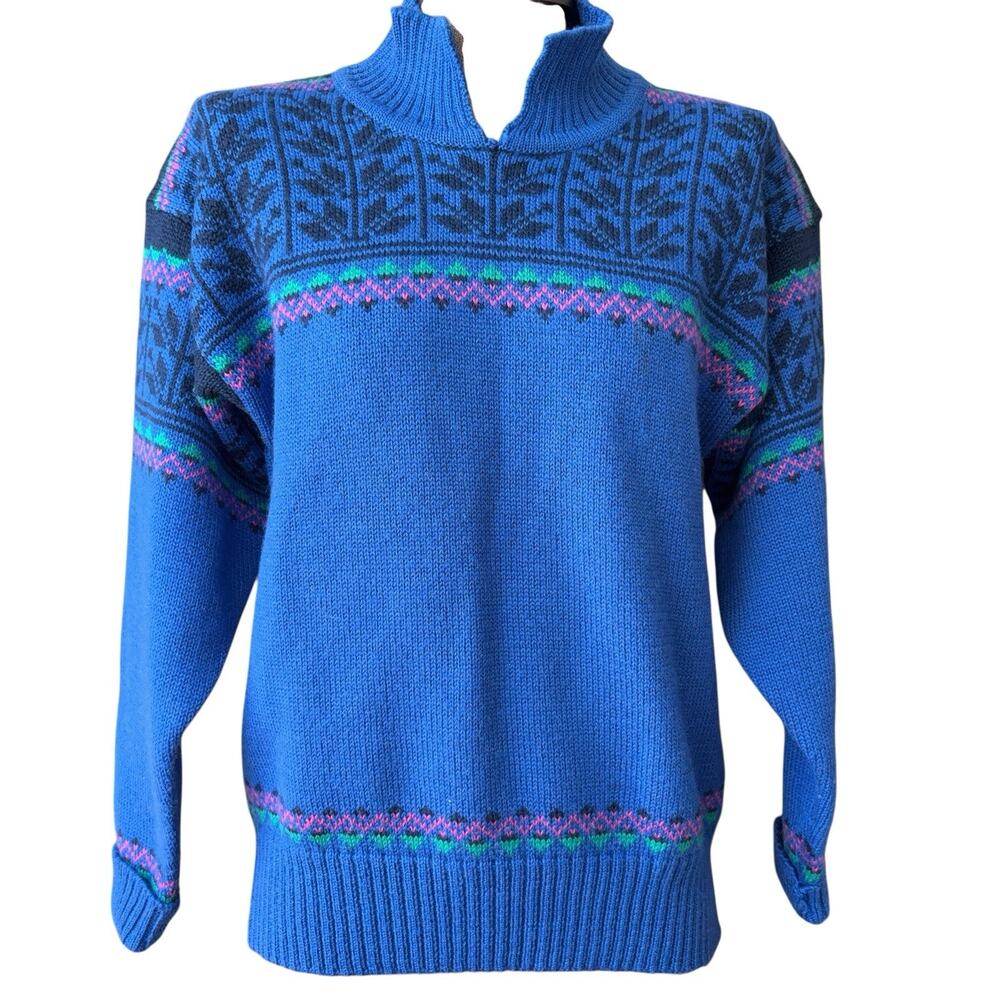 Vintage Demetre Pure Virgin Wool Sweater Women's Size Medium blue Fair Isle